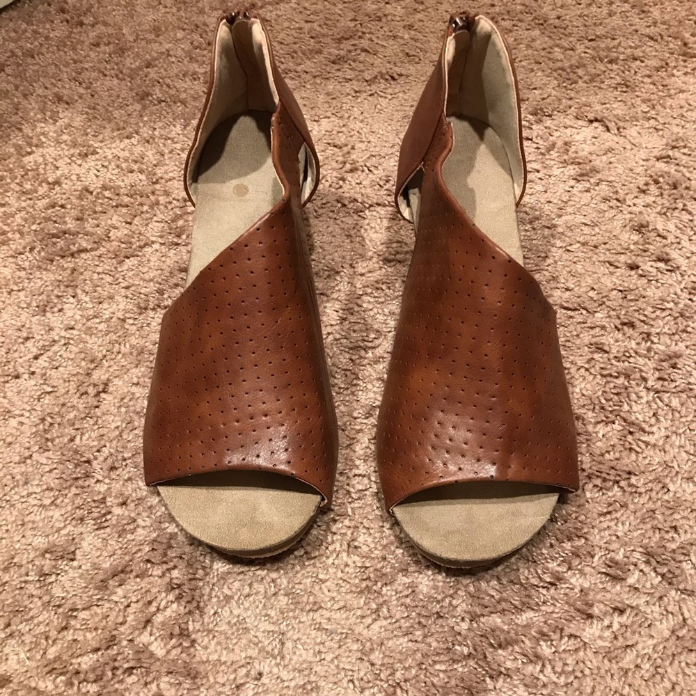 Tan Perforated Wedge Heels